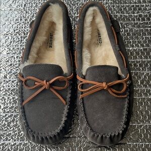 FIRESIDE Gray Suede Moccasin Slippers with Brown Laces